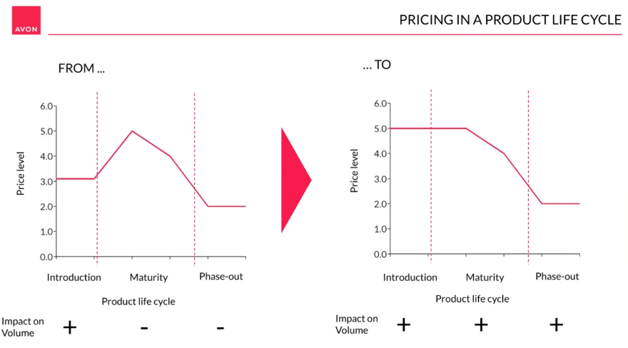 Graphs comparing price level changes throughout a product life cycle.