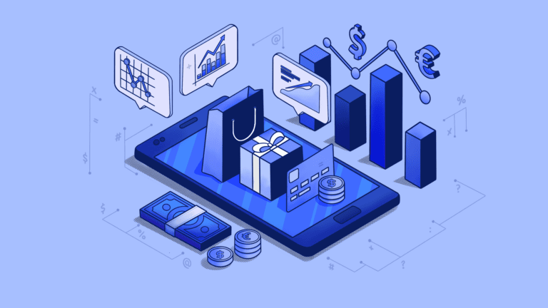 Isometric illustration of digital commerce and financial data analytics.
