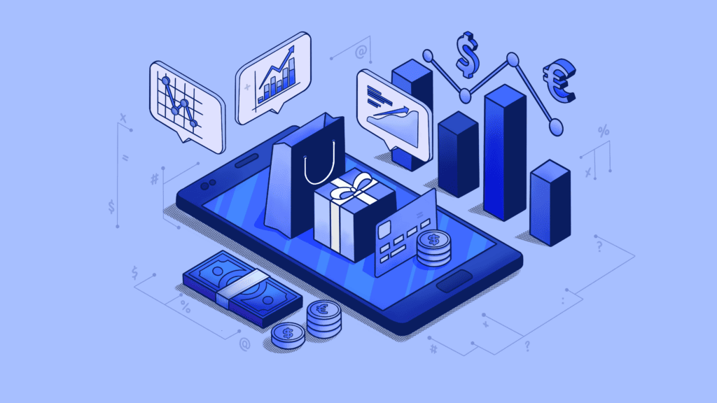Blue isometric illustration of mobile e-commerce and financial data.