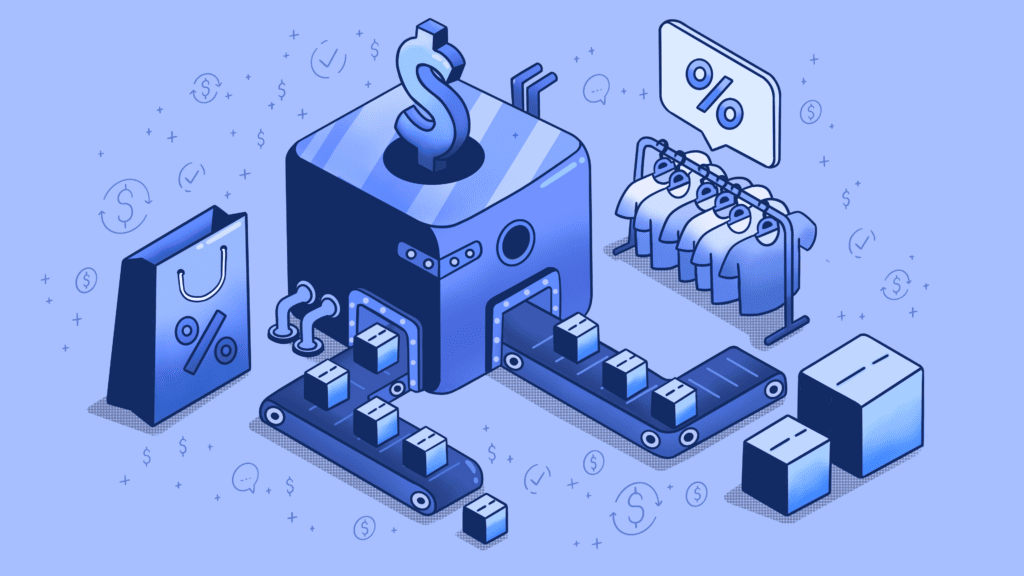 Isometric illustration of retail sales and production automation.