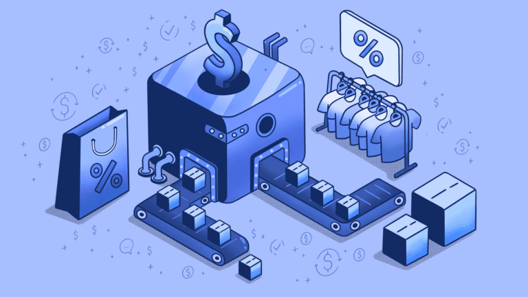 Isometric illustration of retail sales and production automation.