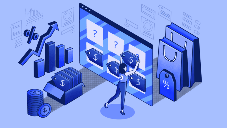 Isometric graphic of a person managing digital e-commerce pricing.
