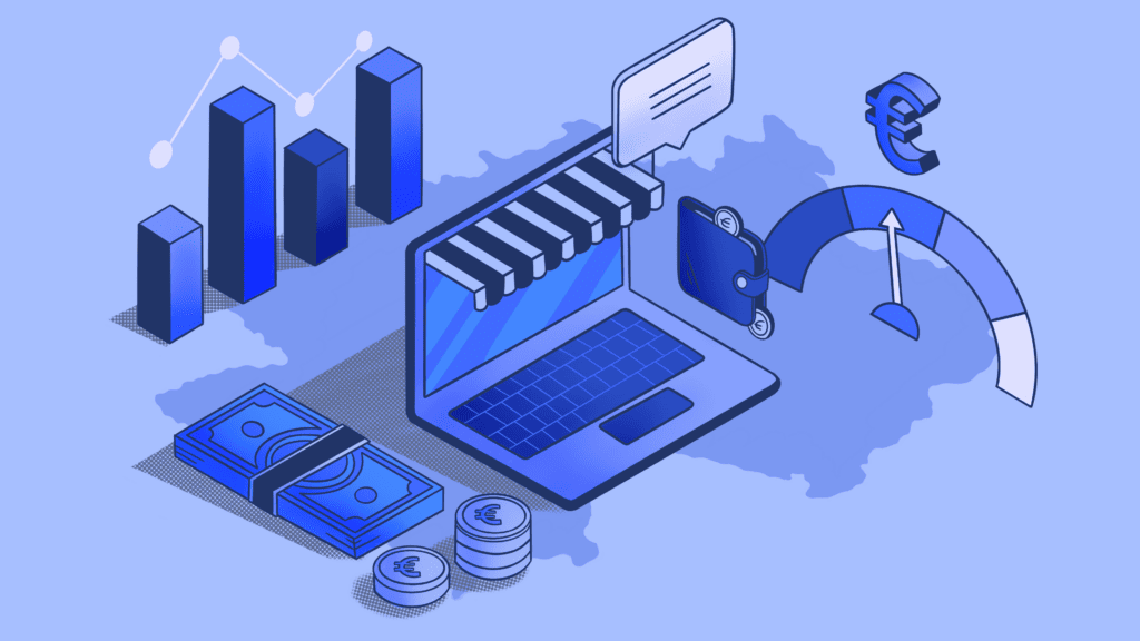Isometric illustration of e-commerce, financial analytics, and digital banking.