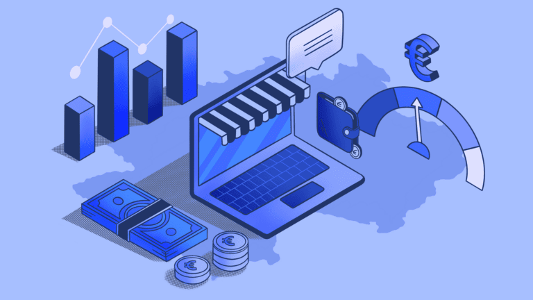 Isometric illustration of e-commerce, financial analytics, and digital banking.