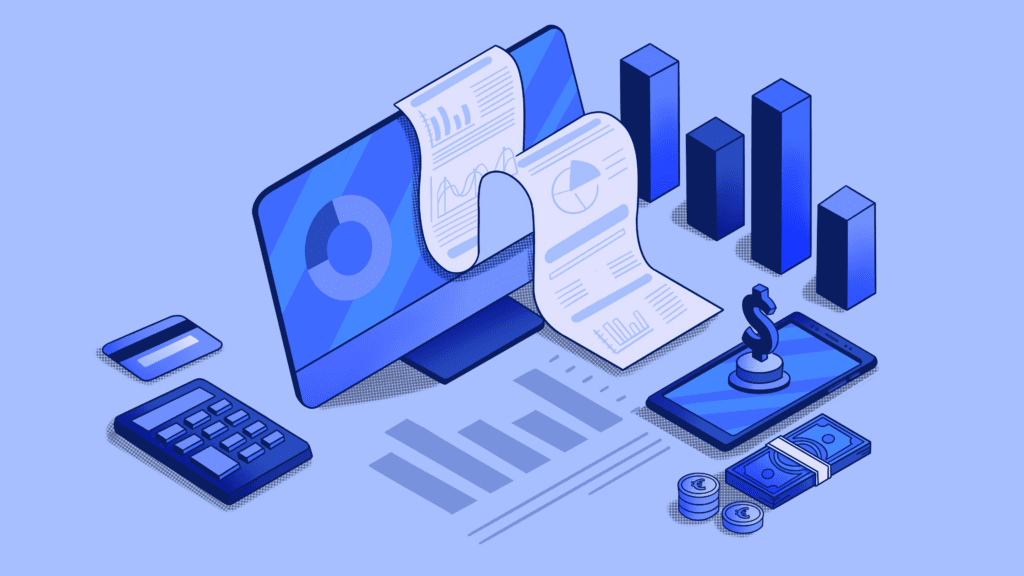 Isometric blue illustration of financial data analysis and digital banking.