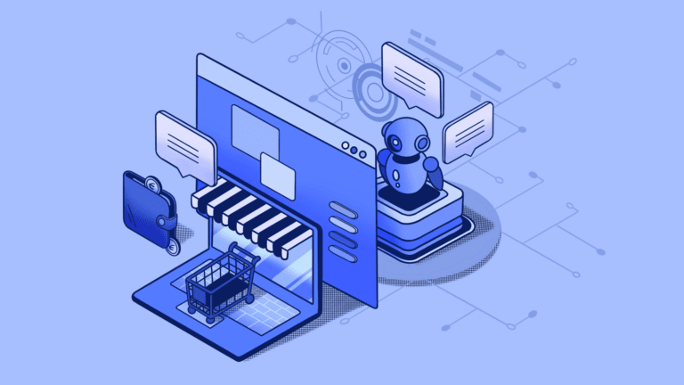 Blue isometric illustration of online shopping and AI chatbot service.