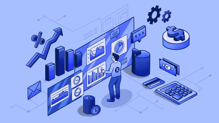 Isometric illustration of a person managing financial data analytics dashboard.