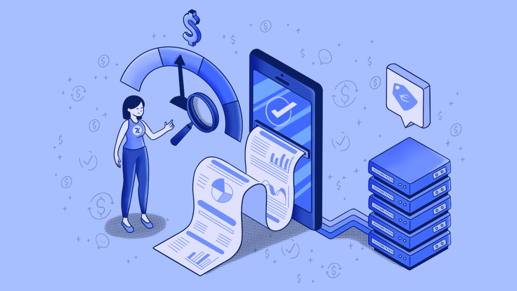 Woman analyzing financial reports on a smartphone with data servers.