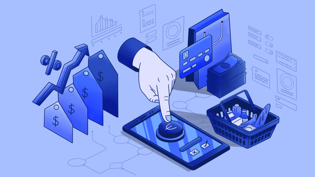 Isometric illustration of inflation, digital payments, and online shopping.