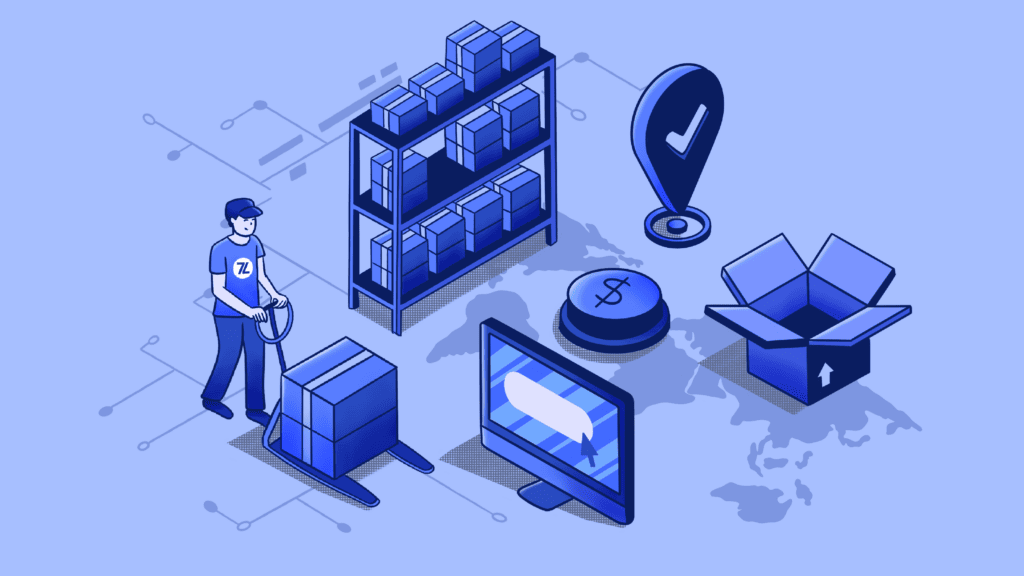 Blue isometric illustration of global logistics and supply chain management.