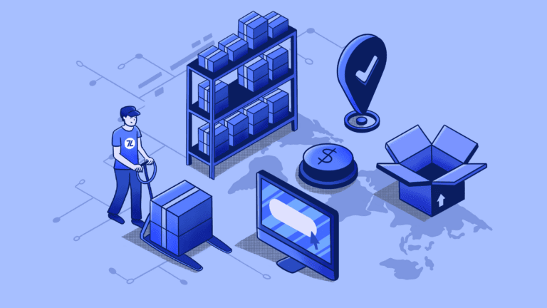 Blue isometric illustration of global logistics and supply chain management.