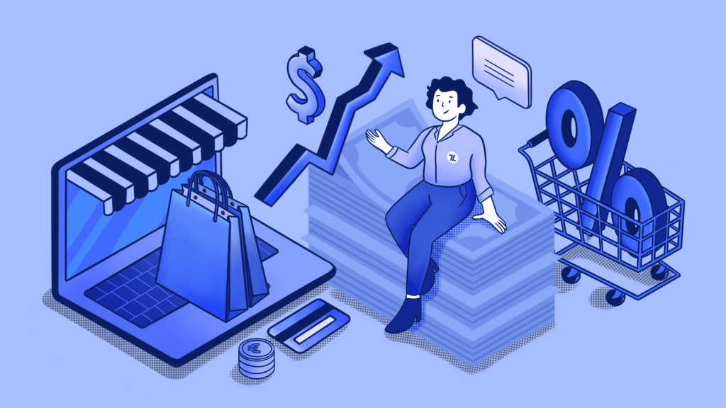Isometric illustration of online shopping growth and financial success.