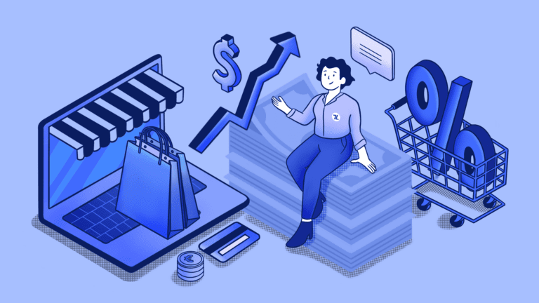 Isometric illustration of online shopping growth and financial success.