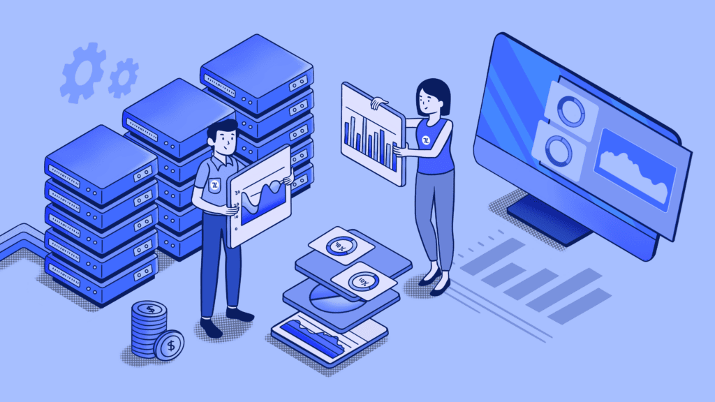 Isometric illustration of professionals analyzing data charts and servers.