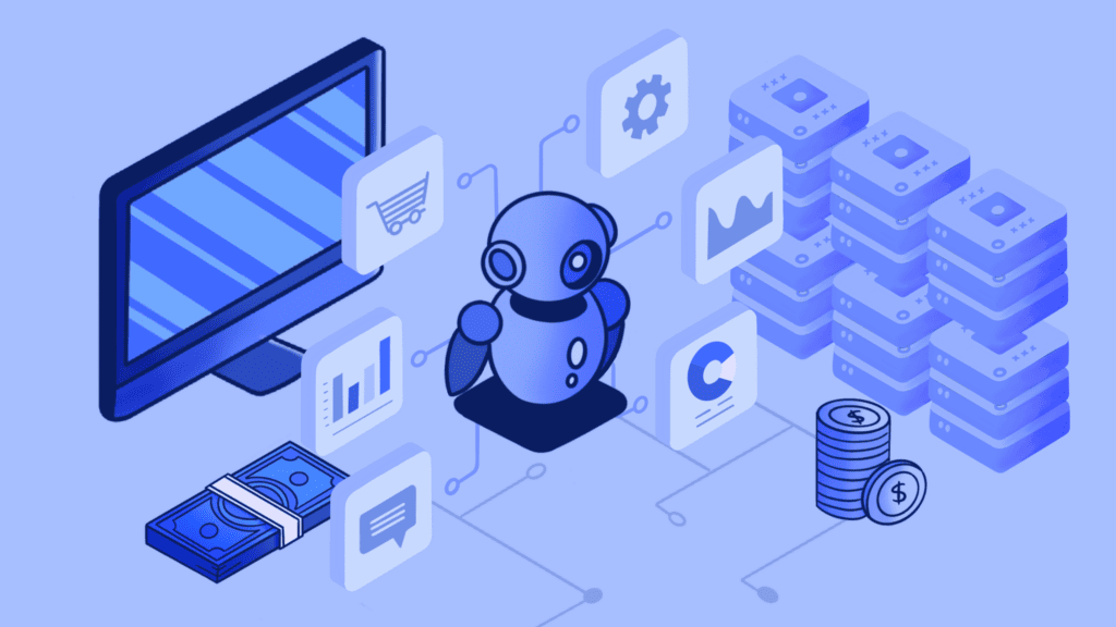 Isometric AI robot managing business data, finance, and e-commerce.
