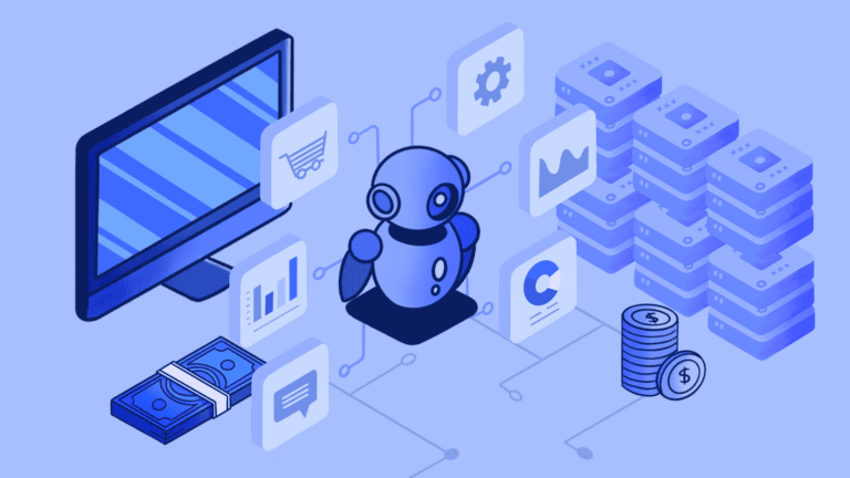 Isometric AI robot managing business data, finance, and e-commerce.