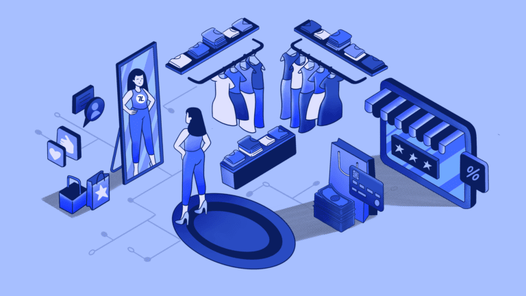 Isometric illustration of virtual clothes shopping and try-on experience.