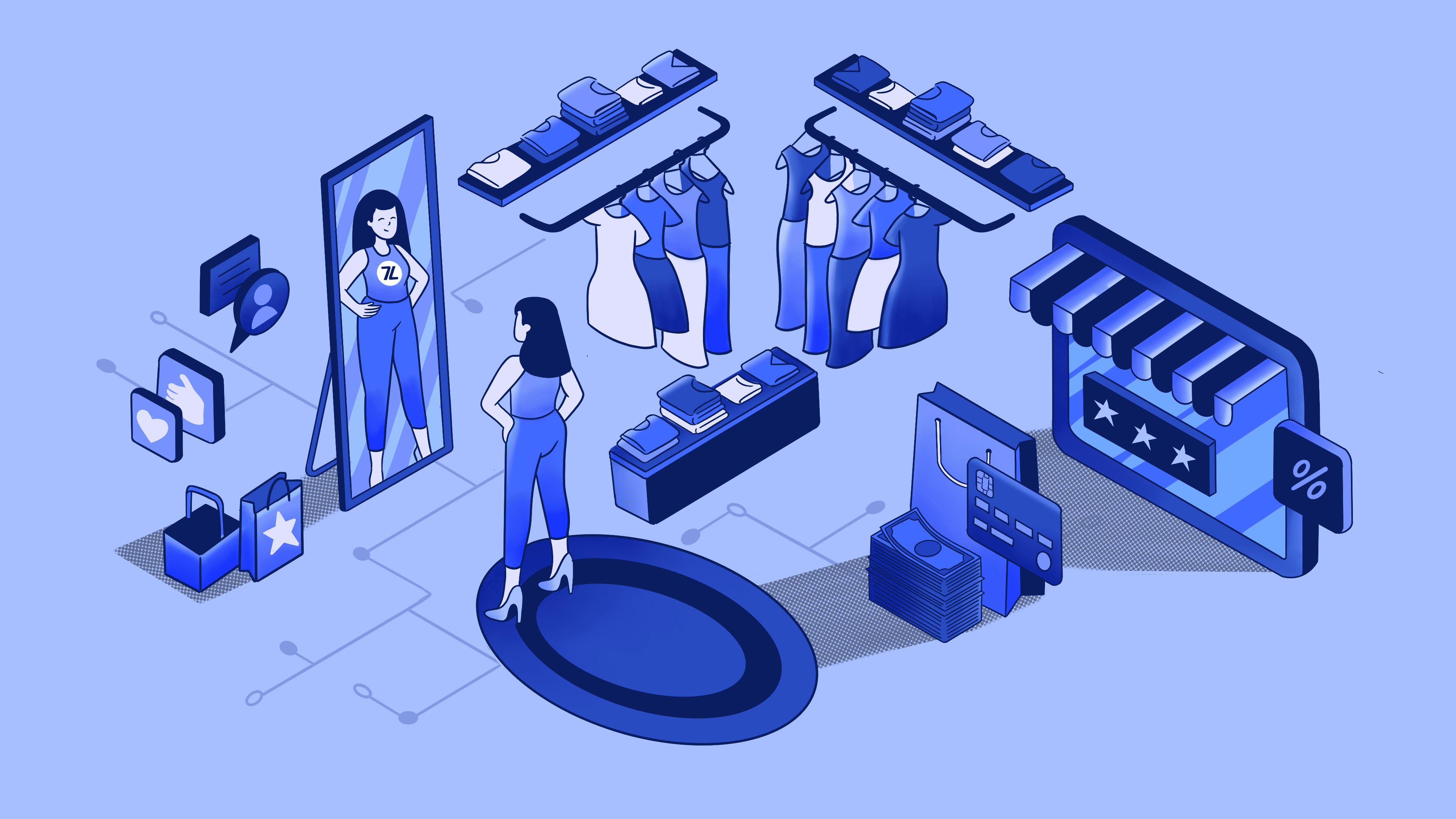 Isometric illustration of virtual clothes shopping and try-on experience.