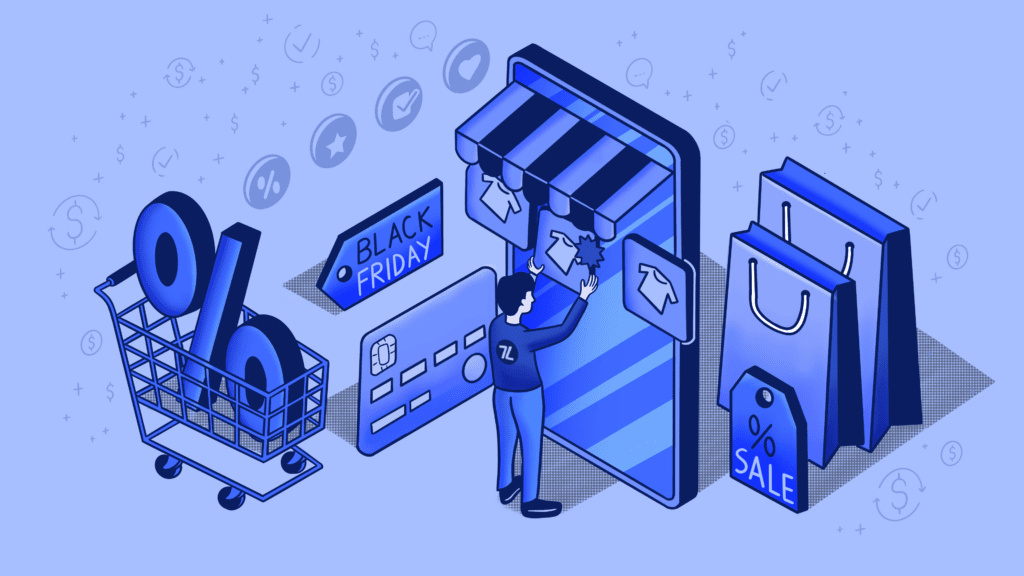 Isometric illustration of online shopping during a Black Friday sale.