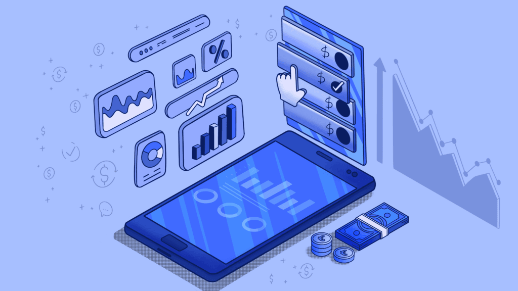 Isometric blue illustration of mobile financial data and analytics.