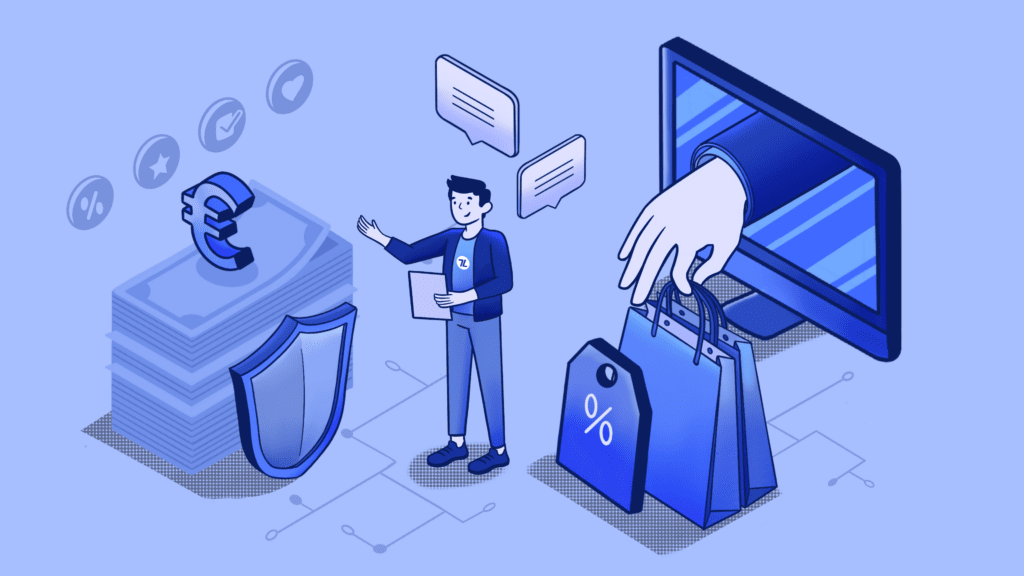 Blue isometric illustration of secure online shopping and digital payments.