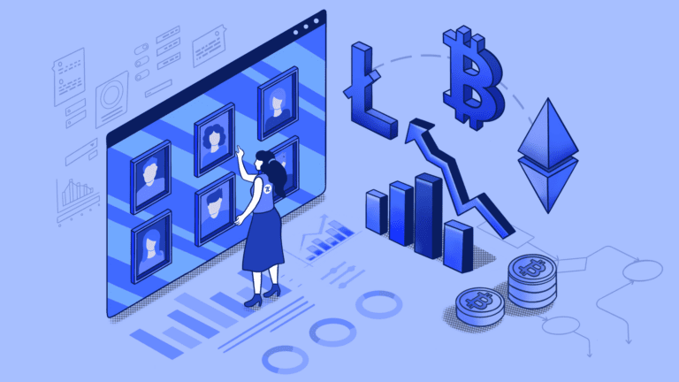 Isometric illustration of cryptocurrency market analysis and user profiles.