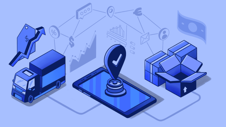 Isometric graphic of digital logistics, shipping, and package tracking.