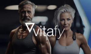 Fit mature man and woman with vitafy logo.