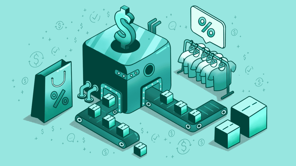 Isometric illustration of a retail production and logistics machine.
