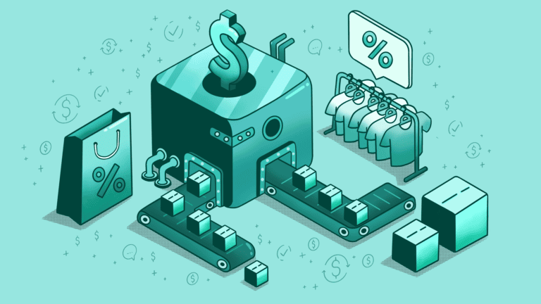 Isometric illustration of a retail production and logistics machine.