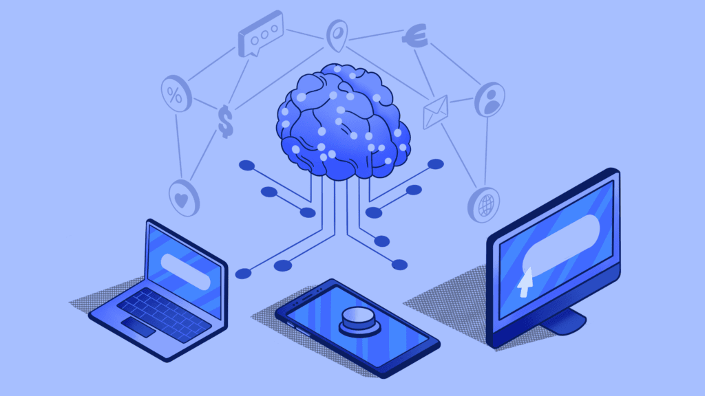 Isometric illustration of AI brain connected to digital devices.