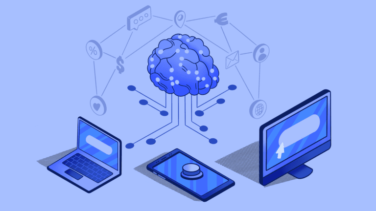 Isometric illustration of AI brain connected to digital devices.