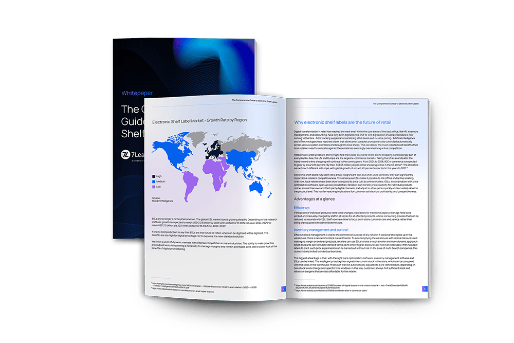 Open whitepaper on electronic shelf labels featuring a world map.