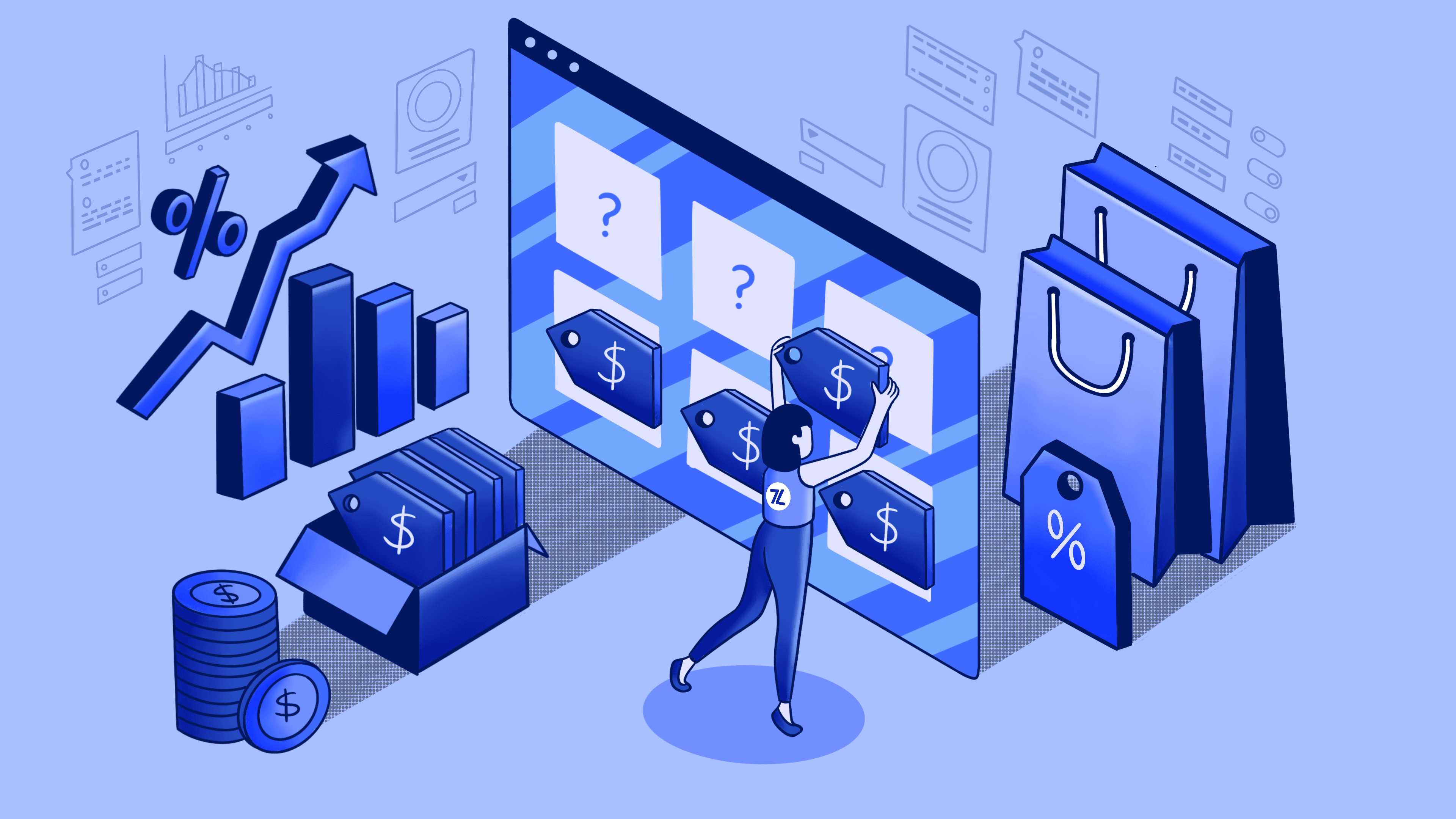 Isometric illustration of person managing online sales and pricing data.
