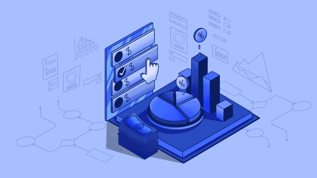 Isometric blue illustration of financial data, charts, and money.