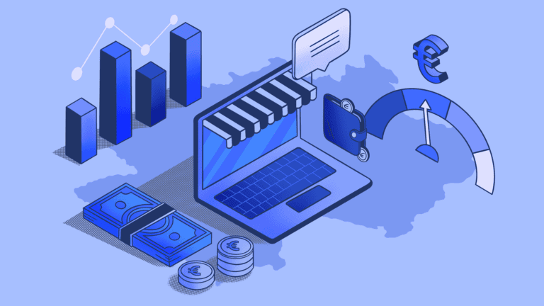 Isometric illustration of e-commerce, finance, and business data analytics.