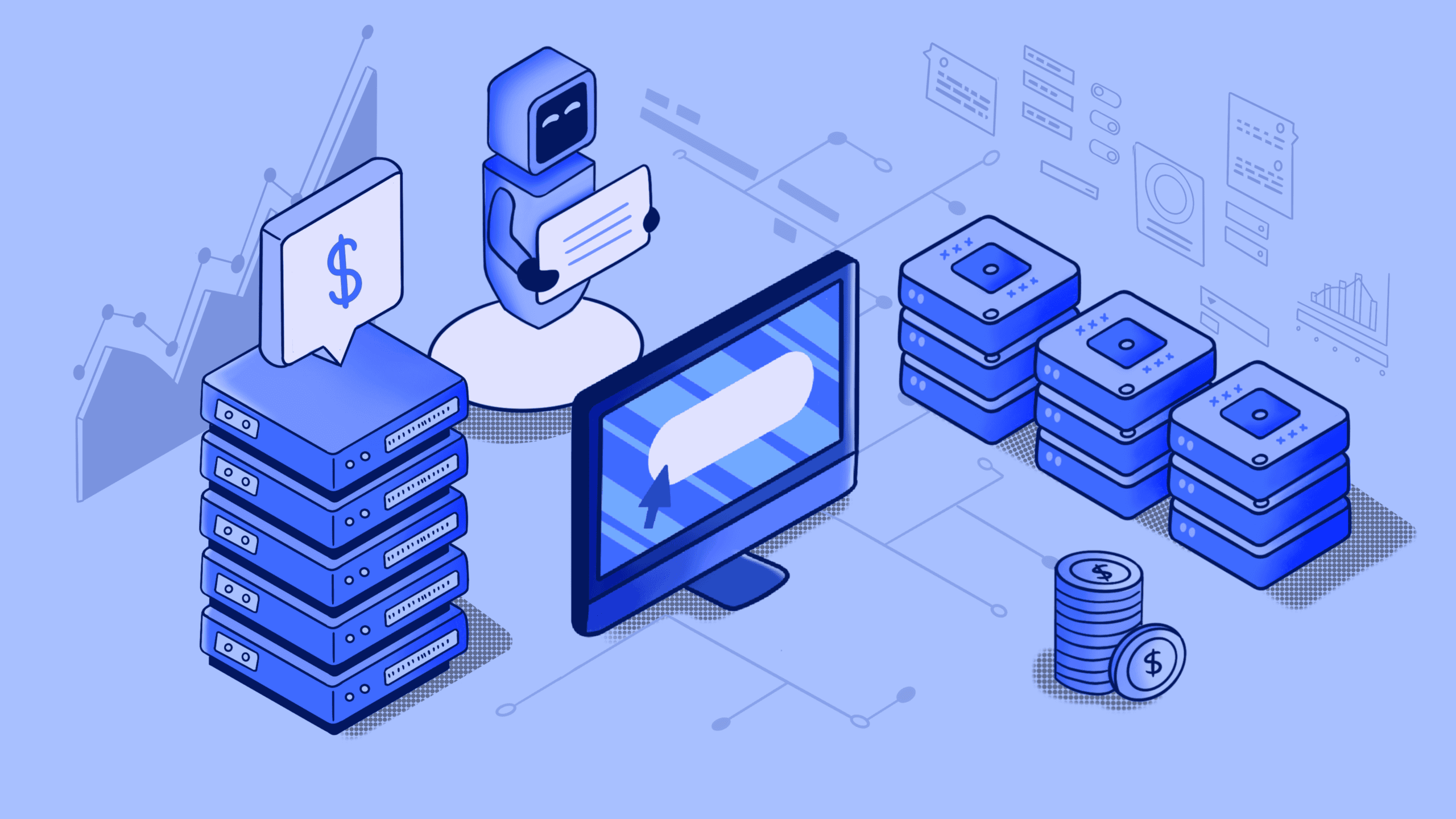 Isometric illustration of financial technology with servers and robot.