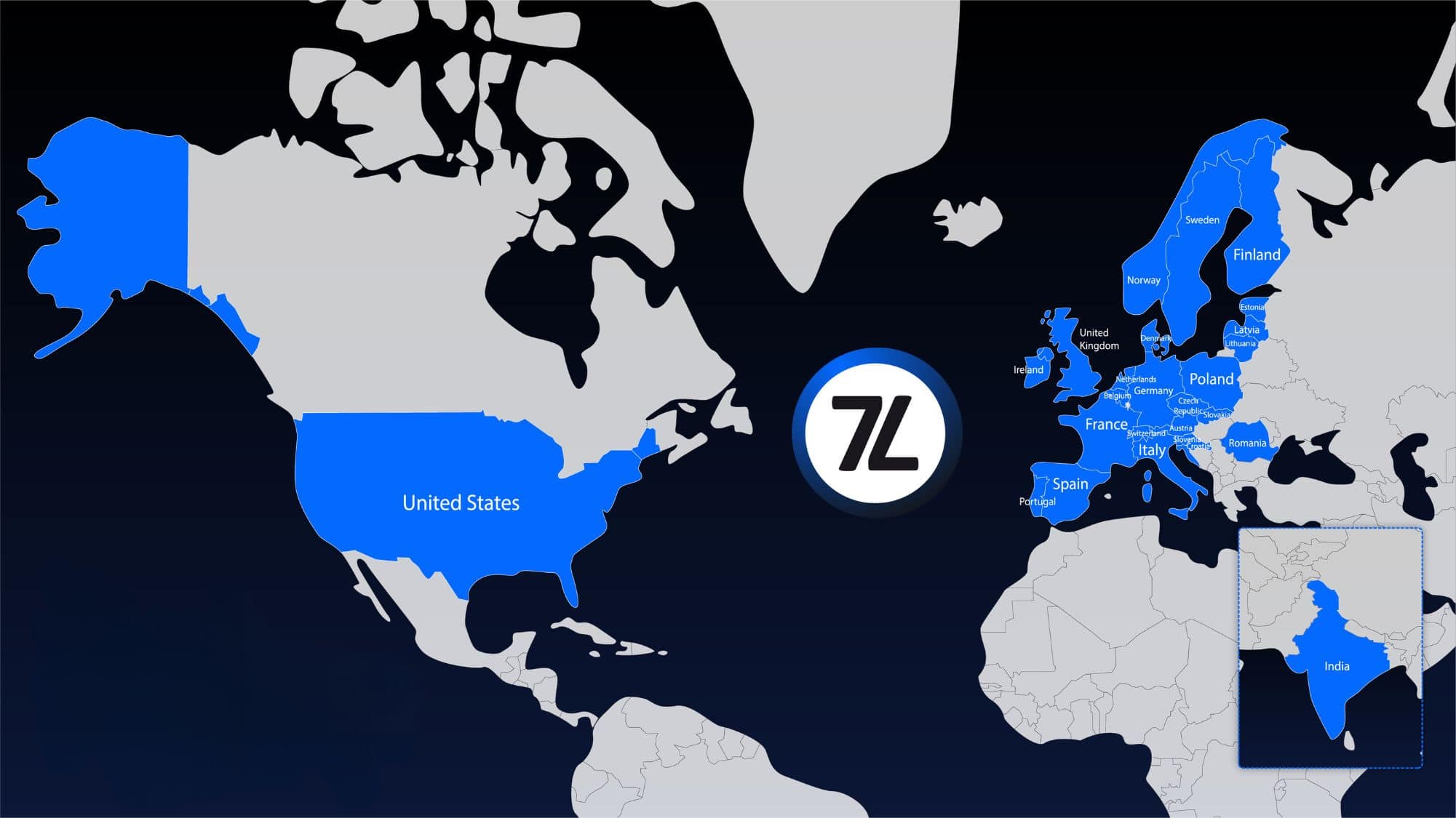 Map highlighting US, Europe, and India with 7L logo.