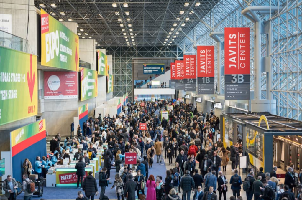 Crowded NRF 2023 convention floor at the Javits Center.