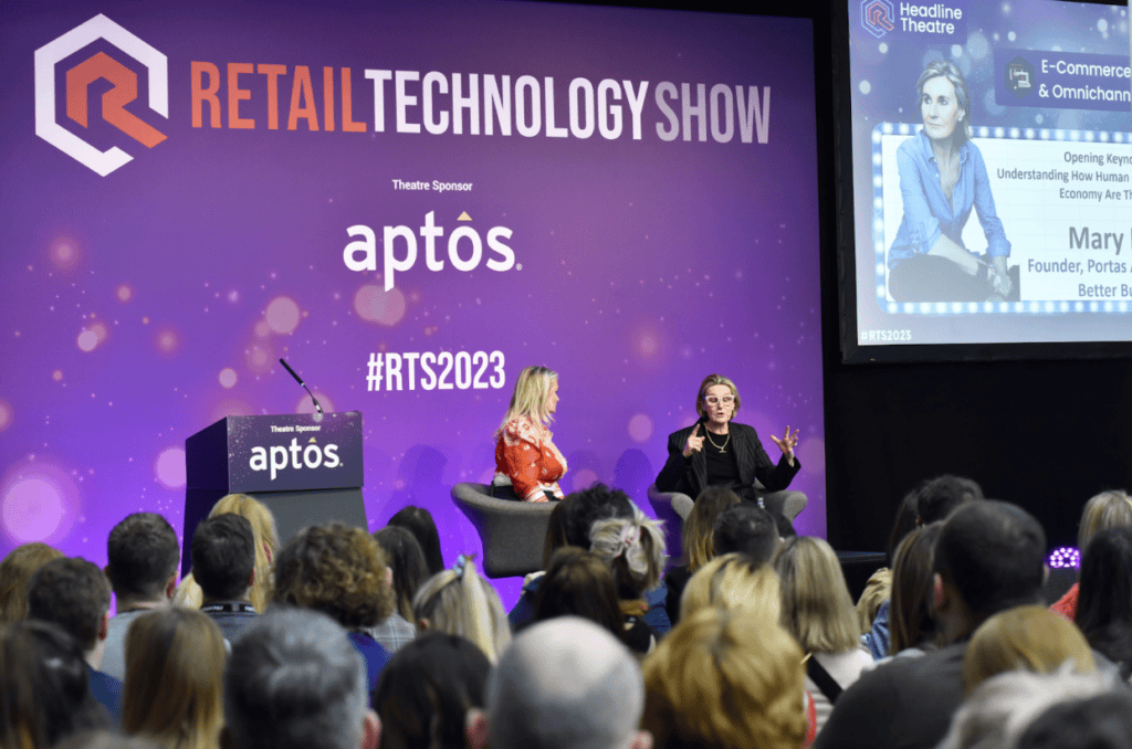 Mary Portas speaking at the Retail Technology Show 2023.
