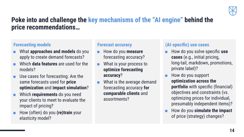 Evaluation questions for AI-driven price recommendation engines.