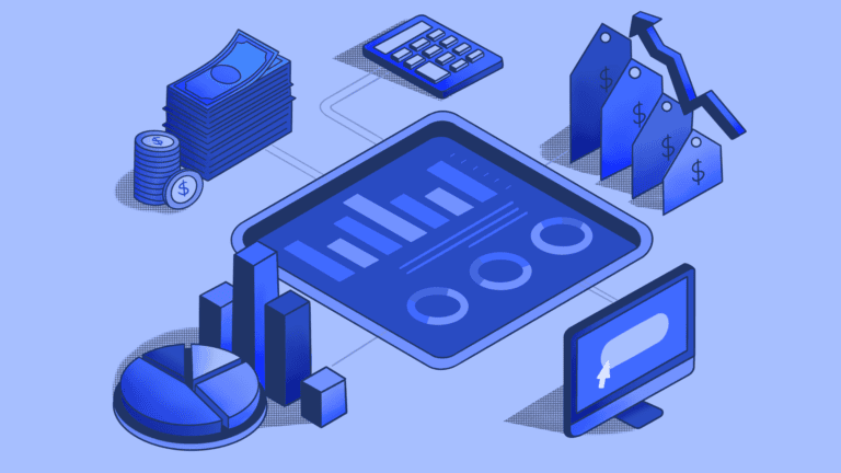 Isometric illustration of financial data, money, and analytics.