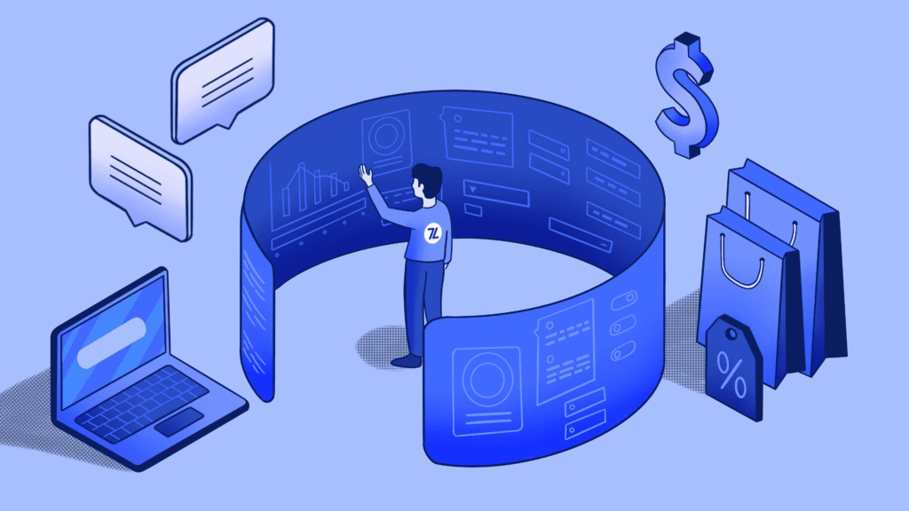 Isometric illustration of a person managing digital e-commerce data