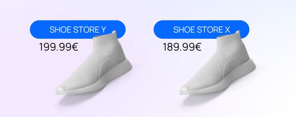 Price comparison of white sock sneakers at two shoe stores.