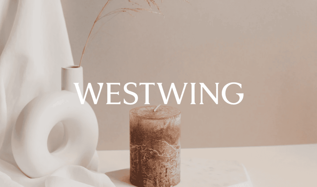 Westwing logo over minimalist beige home decor scene.