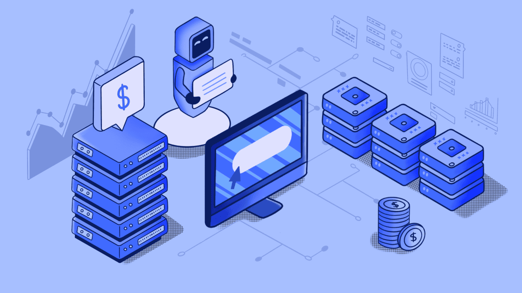 Isometric blue graphic of AI robot, servers, and finance.