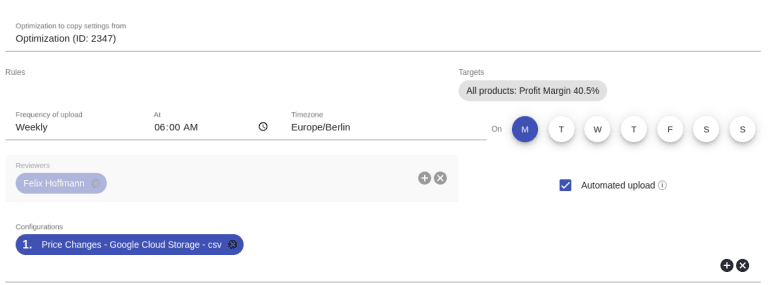 Optimization settings dashboard for weekly automated price changes upload.