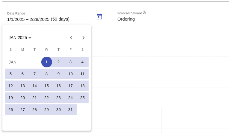 Calendar date picker showing January 2025 with January 1st selected.