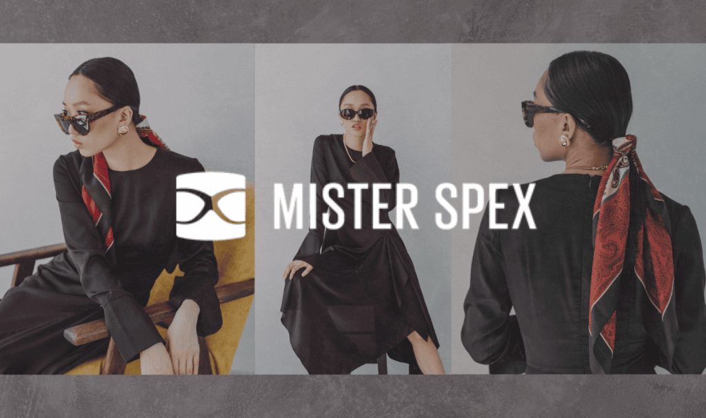 Woman modeling sunglasses in three poses for Mister Spex.