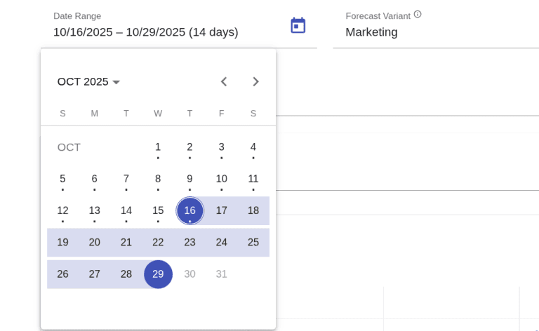 Calendar date picker with October 16 to 29, 2025 selected.